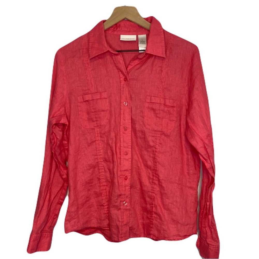 Liz Claiborne 100% Linen Pink Long Sleeve Button Down Shirt Soft Lightweight